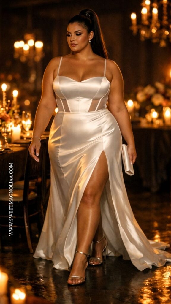 Plus-size bride in a satin wedding dress with corset bodice, thin straps, and high slit, walking in a candlelit reception with warm, romantic lighting.