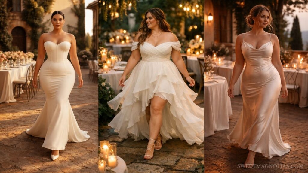 Plus size wedding dresses featuring three brides in mermaid, high-low, and satin gowns in a romantic outdoor setting with candlelight and golden ambiance.