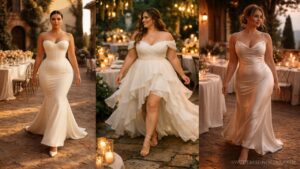 Plus size wedding dresses featuring three brides in mermaid, high-low, and satin gowns in a romantic outdoor setting with candlelight and golden ambiance.