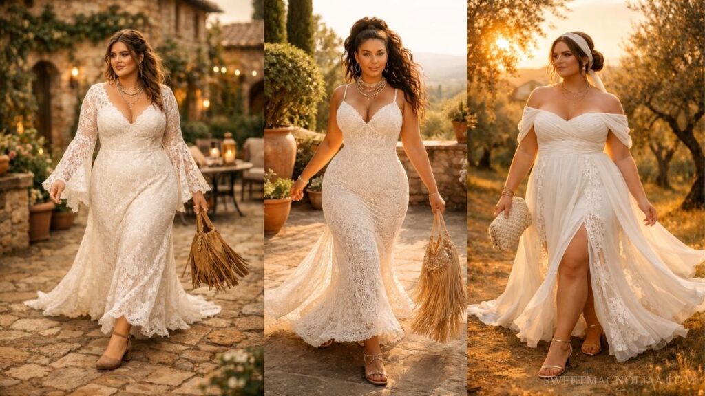 Plus-size brides in boho wedding dresses featuring lace sleeves, fitted lace silhouette, and off-shoulder chiffon gown, set in warm outdoor garden and sunset settings.