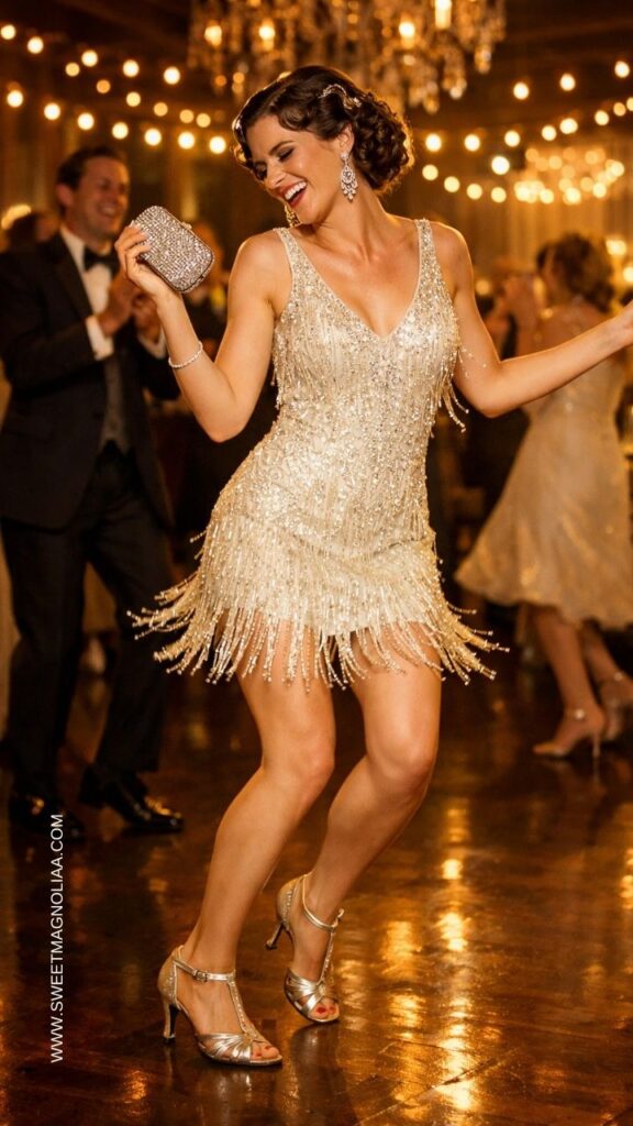 Bride wearing a beaded fringe mini bridal dress with deep V-neckline, dancing in a glamorous reception hall with warm lights and vintage-inspired style.