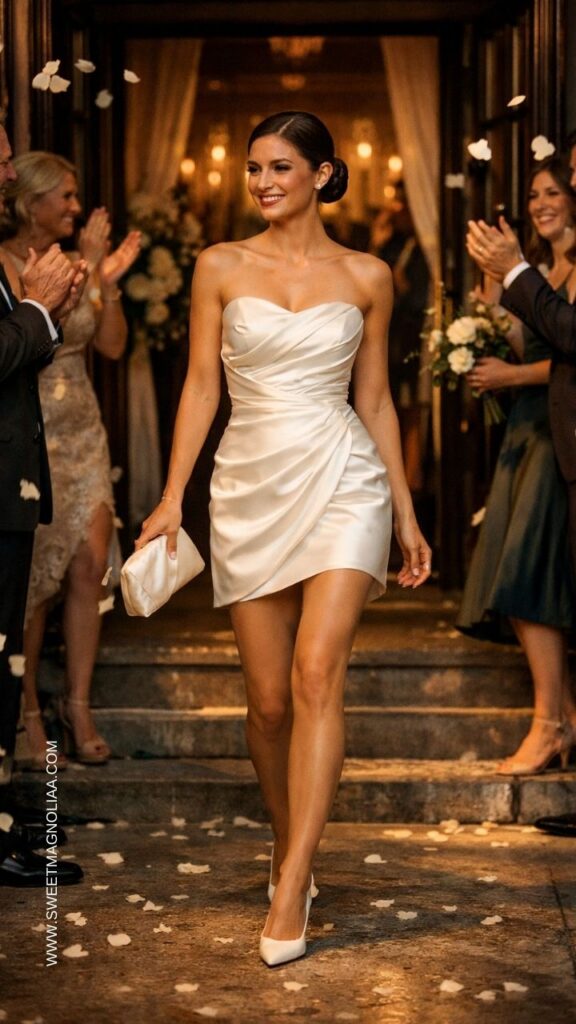 Bride wearing a draped satin mini bridal dress with strapless sweetheart neckline, walking through a wedding exit with petals falling and guests applauding.