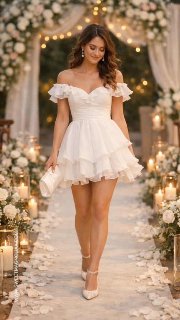 Bride wearing an off-shoulder ruffled mini bridal dress with layered skirt, walking down a candlelit garden wedding aisle with floral arches and lights.