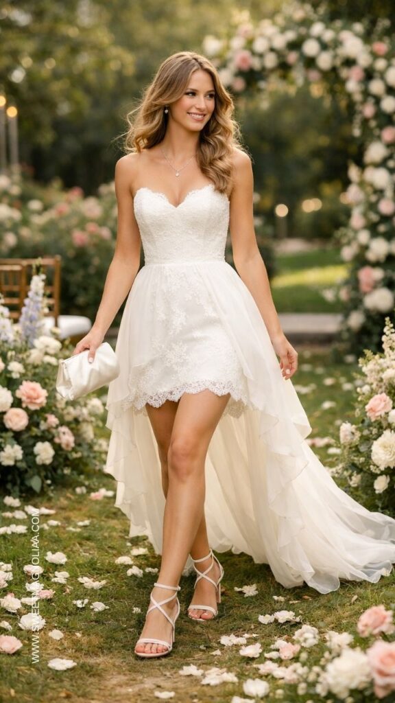 Bride wearing a lace high-low mini bridal dress with chiffon train, walking through a romantic garden wedding aisle surrounded by flowers.