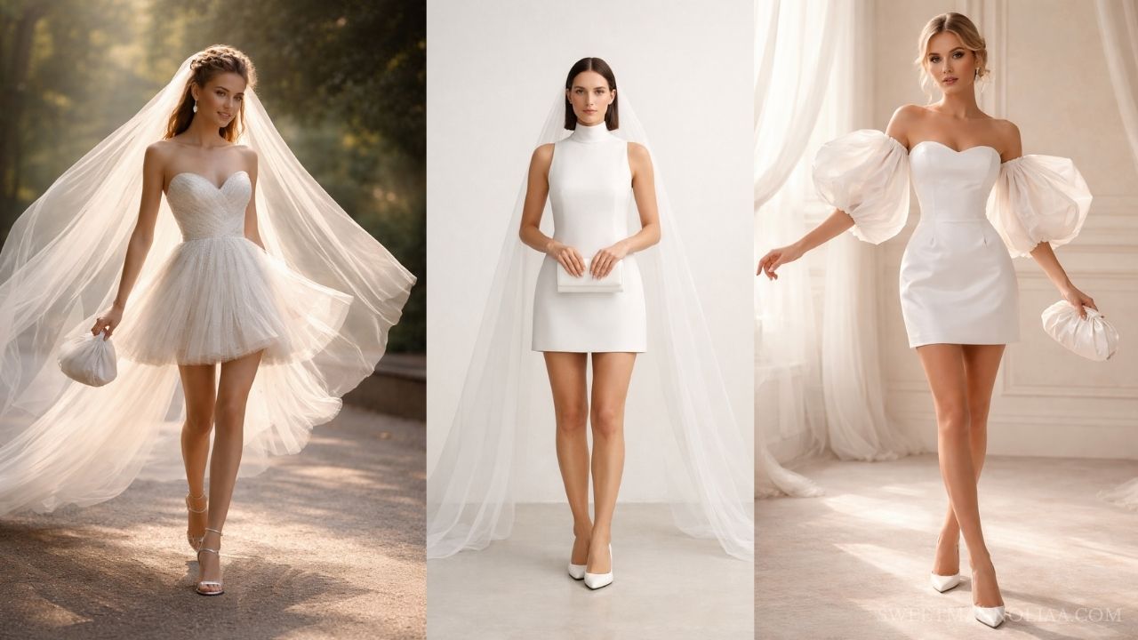 Collage of three brides wearing short wedding dresses—tulle mini with veil, high-neck minimal dress, and puff sleeve mini—in soft, elegant neutral settings.