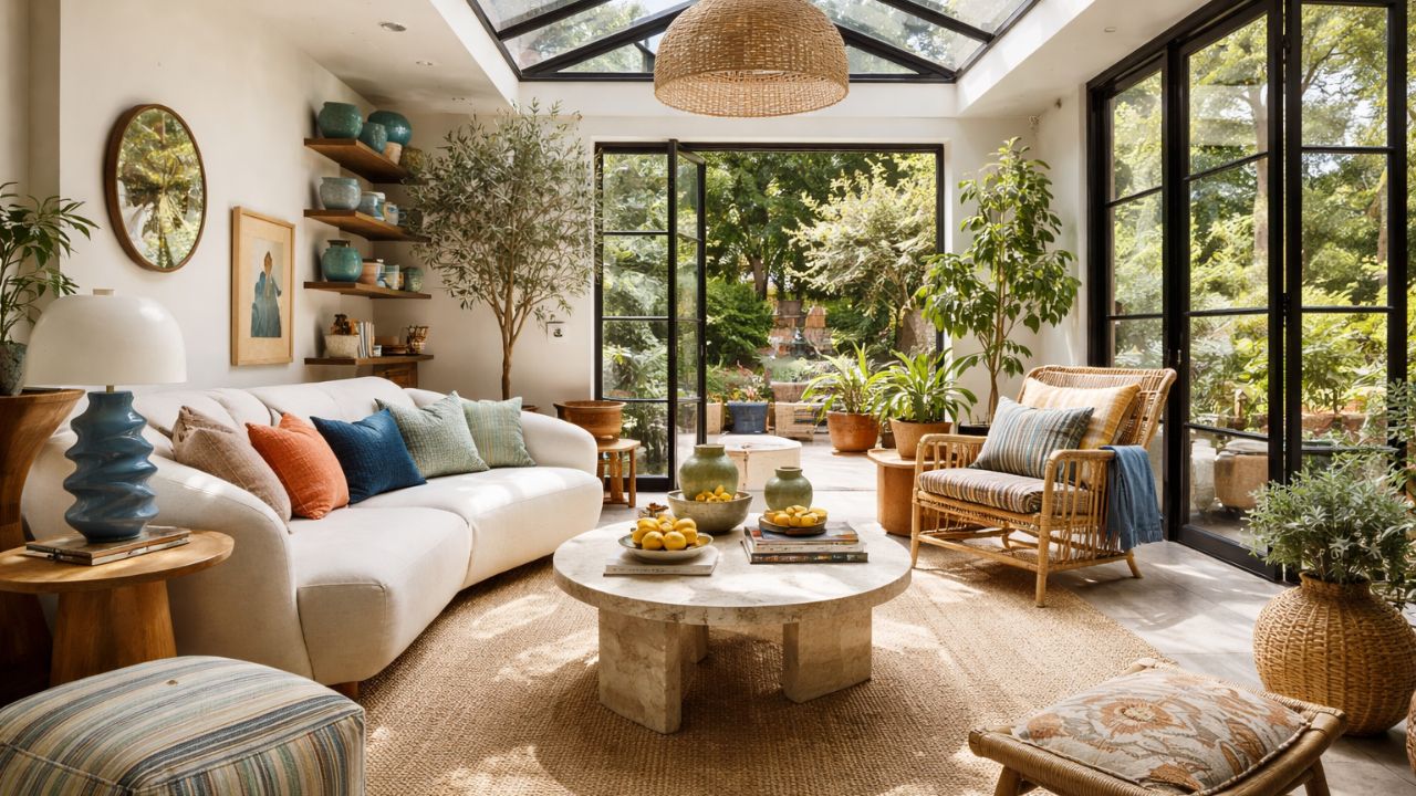 Modern boho style living room with neutral sofa, rattan chair, plants, stone coffee table, woven rug, and large glass doors opening to a sunlit garden space.