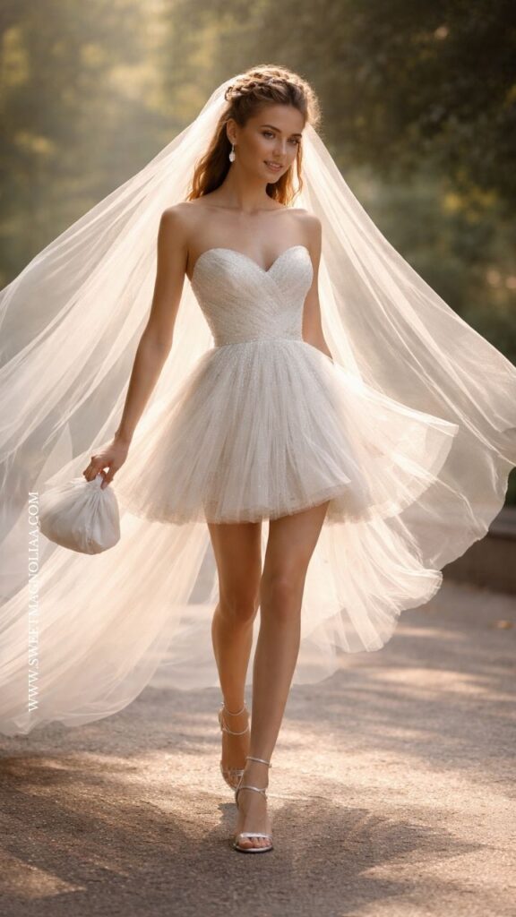 Bride in a strapless short white sparkle tulle dress with a flared skirt, styled with a long veil and strappy heels in a soft outdoor garden setting.