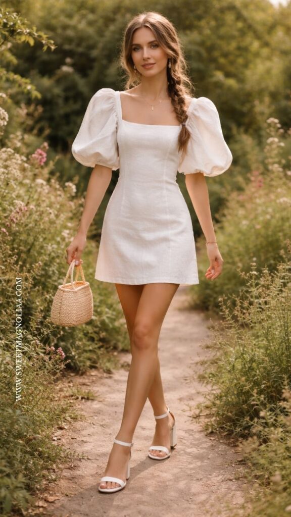 Bride in a linen short white mini dress with puff sleeves and square neckline, styled with strappy heels and a woven bag on a soft garden path setting.