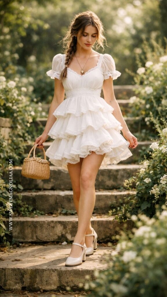 Bride in a tiered ruffle short white dress with puff sleeves and lace trim, styled with Mary Jane heels and a woven bag on garden steps with soft light.