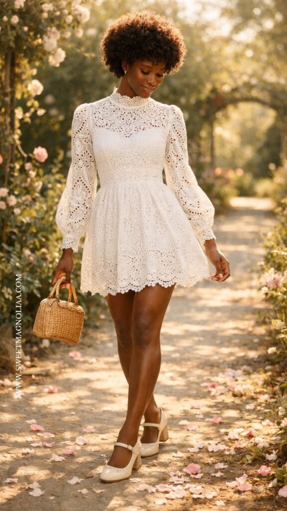 Bride in a high-neck eyelet lace short white dress with puff sleeves, styled with Mary Jane heels and a woven bag on a sunlit garden path with petals.
