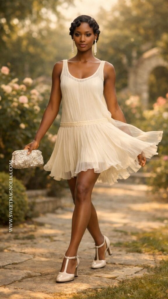 Bride in a pleated short white drop-waist dress with soft flowing layers, styled with T-strap heels and a beaded clutch in a romantic garden setting.