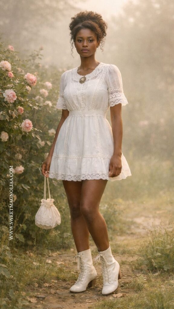 Bride in a short white lace cottage-style dress with soft trims and lace-up boots, holding a pouch in a misty garden with blooming roses and soft light.