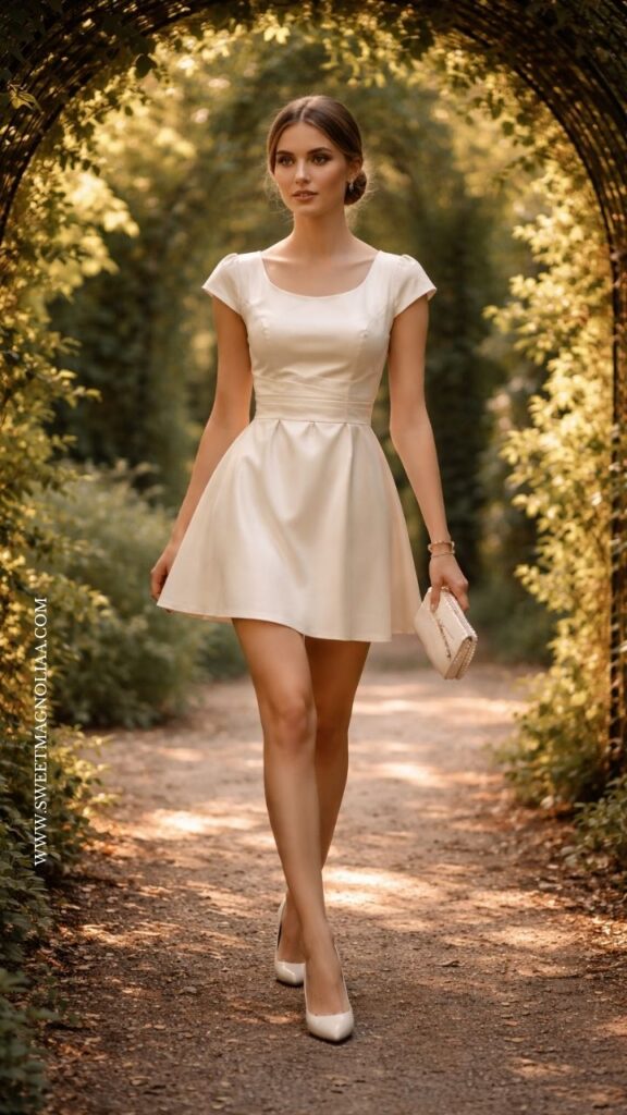 Bride in a cap-sleeve short white fit-and-flare mini dress, styled with pointed heels and a clutch, walking under a sunlit garden archway.