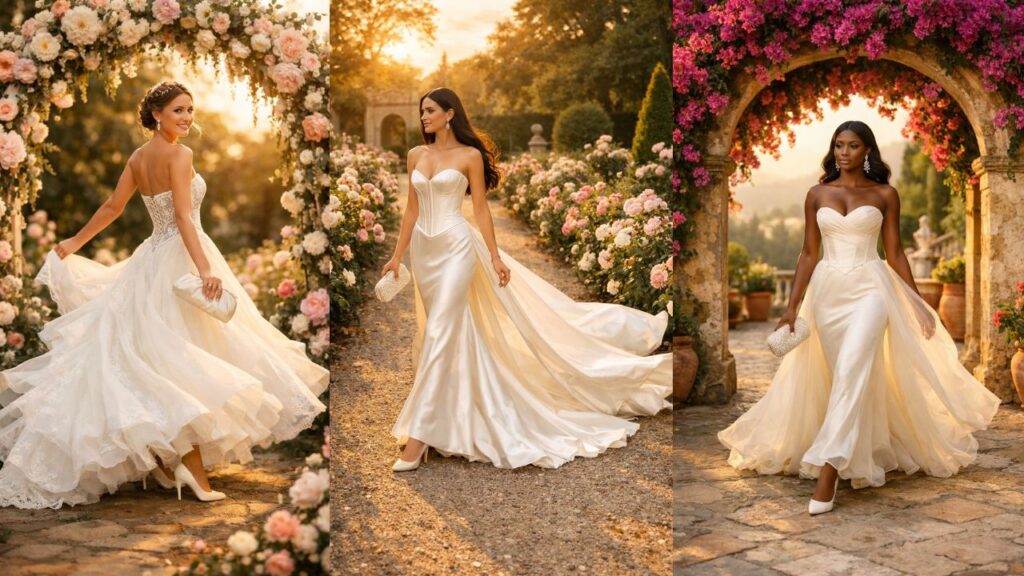 Collage of three brides wearing romantic basque waist wedding dress with flowing skirts and corset bodices in blooming garden settings at sunset.