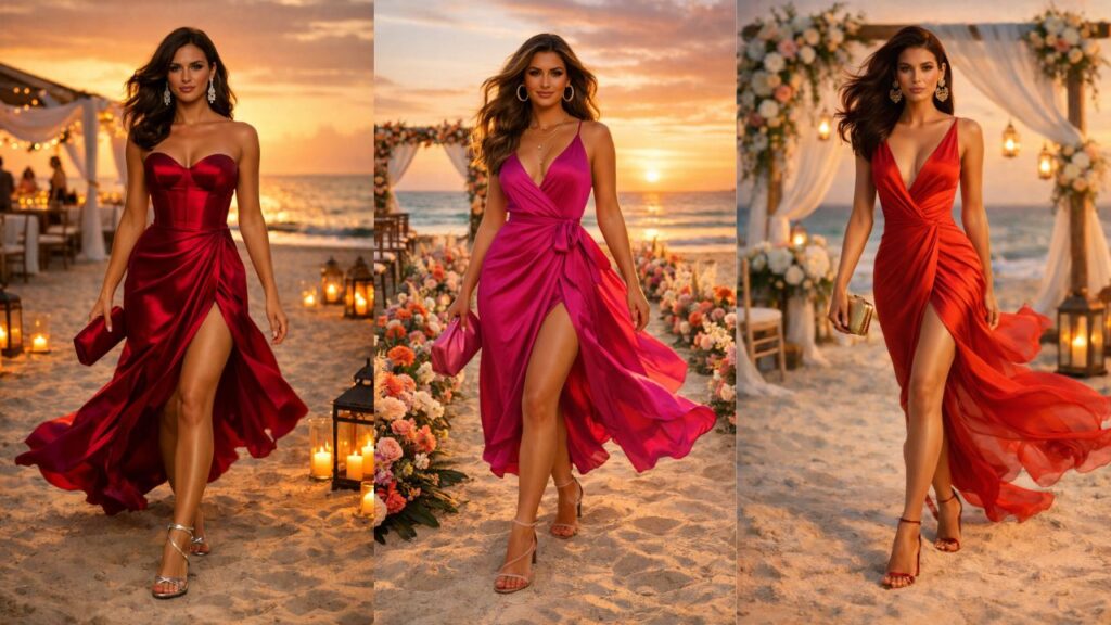 Collage of three elegant beach wedding guest dresses including red satin, pink wrap, and flowing chiffon gowns styled for a sunset seaside ceremony.
