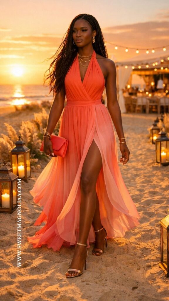 Woman wearing a coral halter chiffon maxi dress with flowing skirt and slit walking on sandy beach path with lanterns and sunset ocean view.