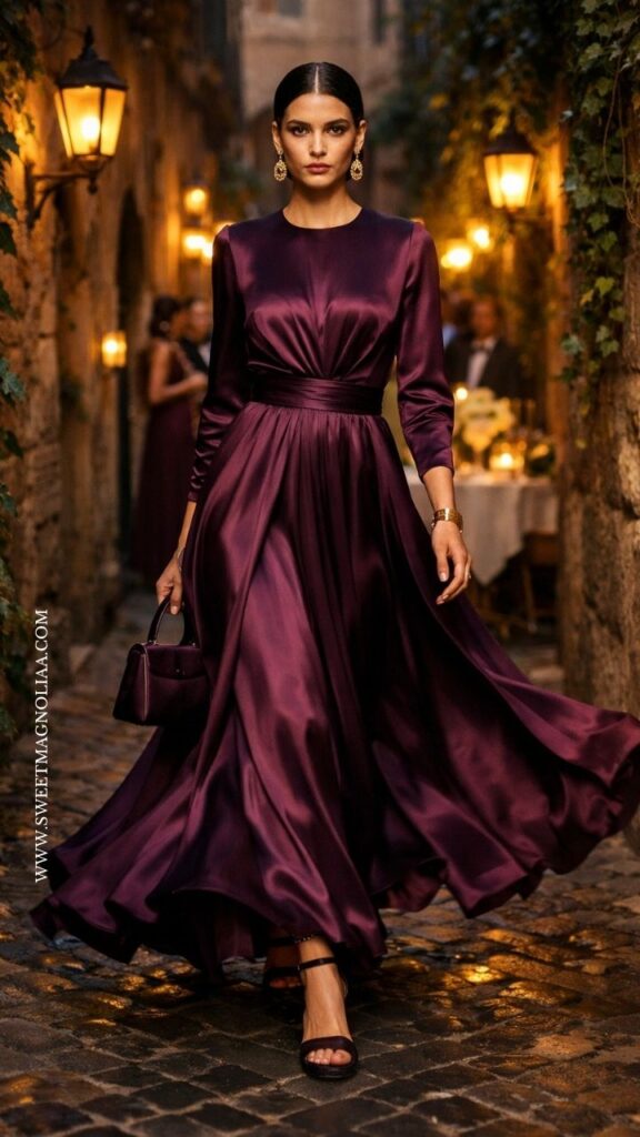 Woman in deep wine satin long sleeve maxi dress with cinched waist and flowing skirt, styled with dark heels and bag at an elegant candlelit evening wedding setting.