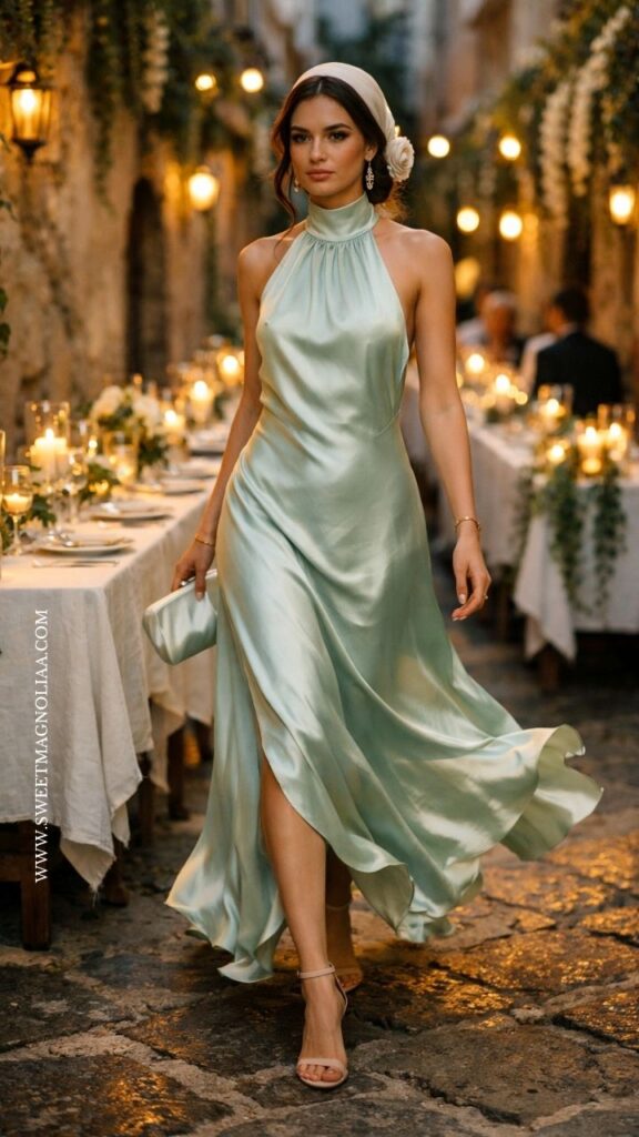 Woman in mint green satin halter maxi dress with flowing silhouette, styled with nude heels and clutch at a romantic candlelit outdoor wedding setting.