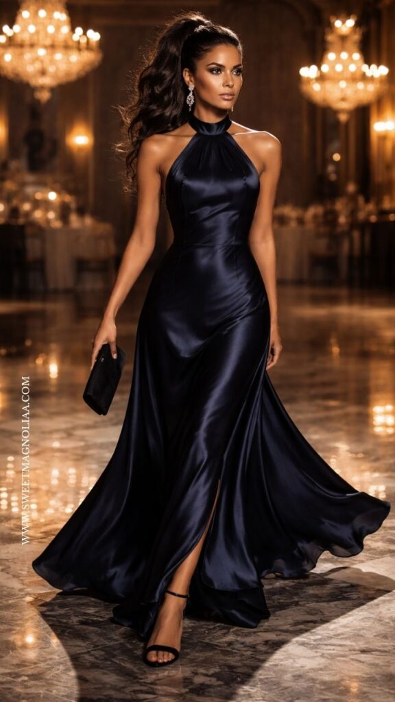 Woman in black satin halter neck gown with flowing skirt, styled with black heels and clutch at a luxurious indoor wedding reception with chandeliers.