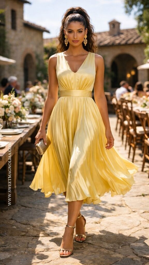 slim fit dress slacks Retro Vintage Cocktail Gold Red Wedding Guest Bridesmaid Twist Neckline Midi Dress