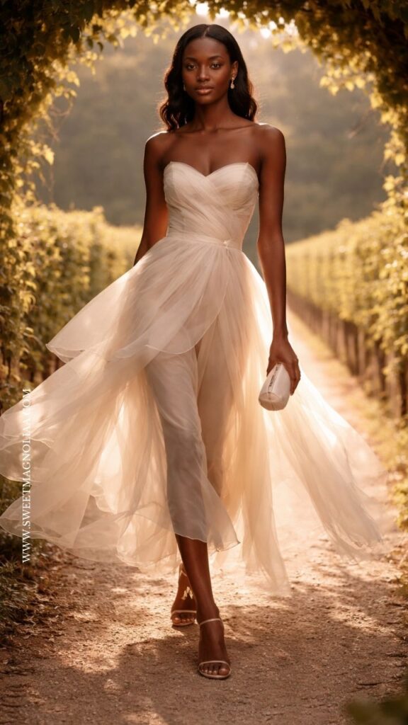 Model wearing a champagne strapless tulle dress with a fitted bodice and flowing layered overlay, paired with nude heels and a clutch, walking through a softly lit vineyard path surrounded by greenery.