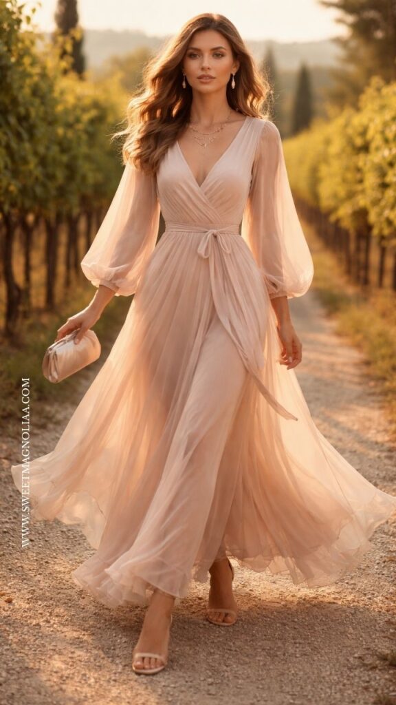 Model wearing a blush pink chiffon maxi dress with sheer long sleeves and a wrap-style bodice, paired with nude heels and a clutch, walking along a vineyard path in warm golden sunset light.