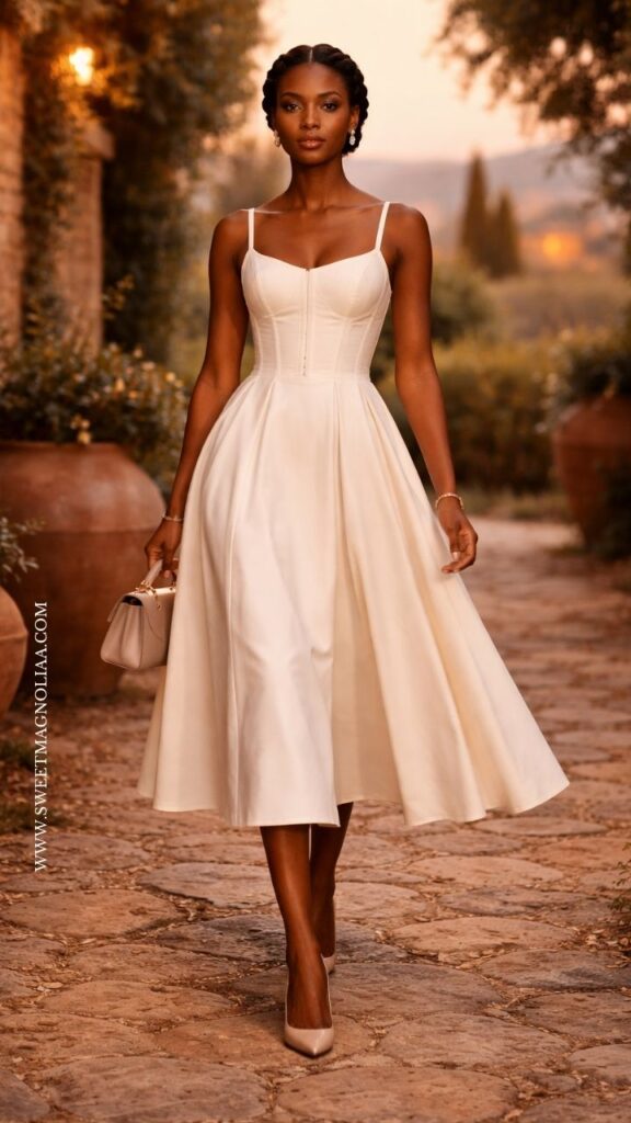 Model wearing an ivory midi dress with a fitted bodice and flared skirt, styled with nude heels and a small handbag, walking along a rustic vineyard path in warm golden evening light.