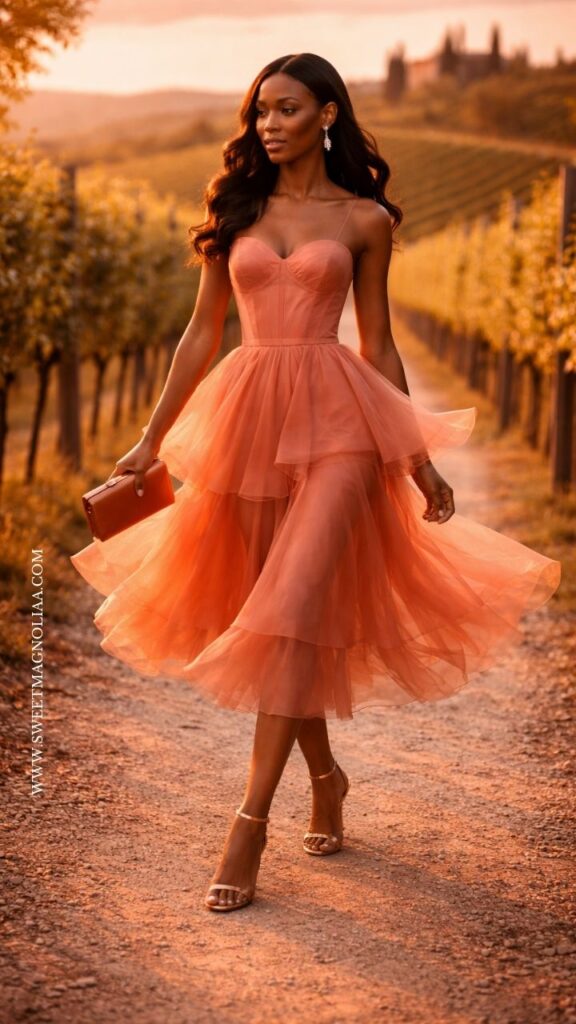 Model wearing a terracotta tulle midi dress with a fitted bodice and layered flowing skirt, paired with nude heels and a clutch, walking through a sunlit vineyard at sunset with warm golden tones.