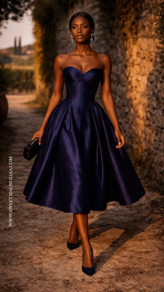 Model wearing a navy blue strapless satin midi dress with a fitted bodice and flared skirt, paired with black heels and a clutch, walking along a sunlit vineyard path with warm golden tones.