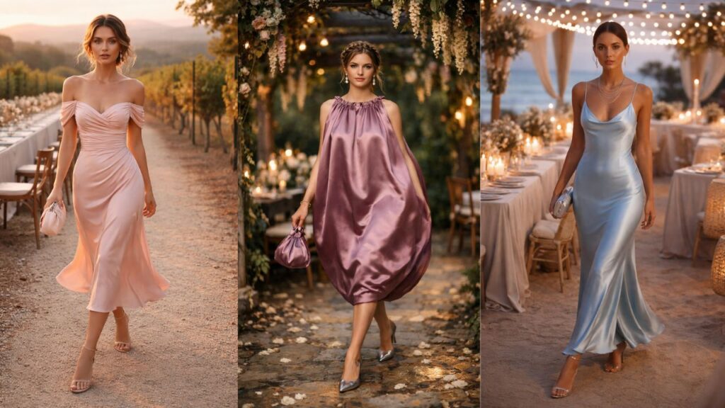 Collage of three women in satin wedding guest dresses—blush off-shoulder midi, mauve balloon silhouette, and blue slip dress—styled for elegant outdoor celebrations.