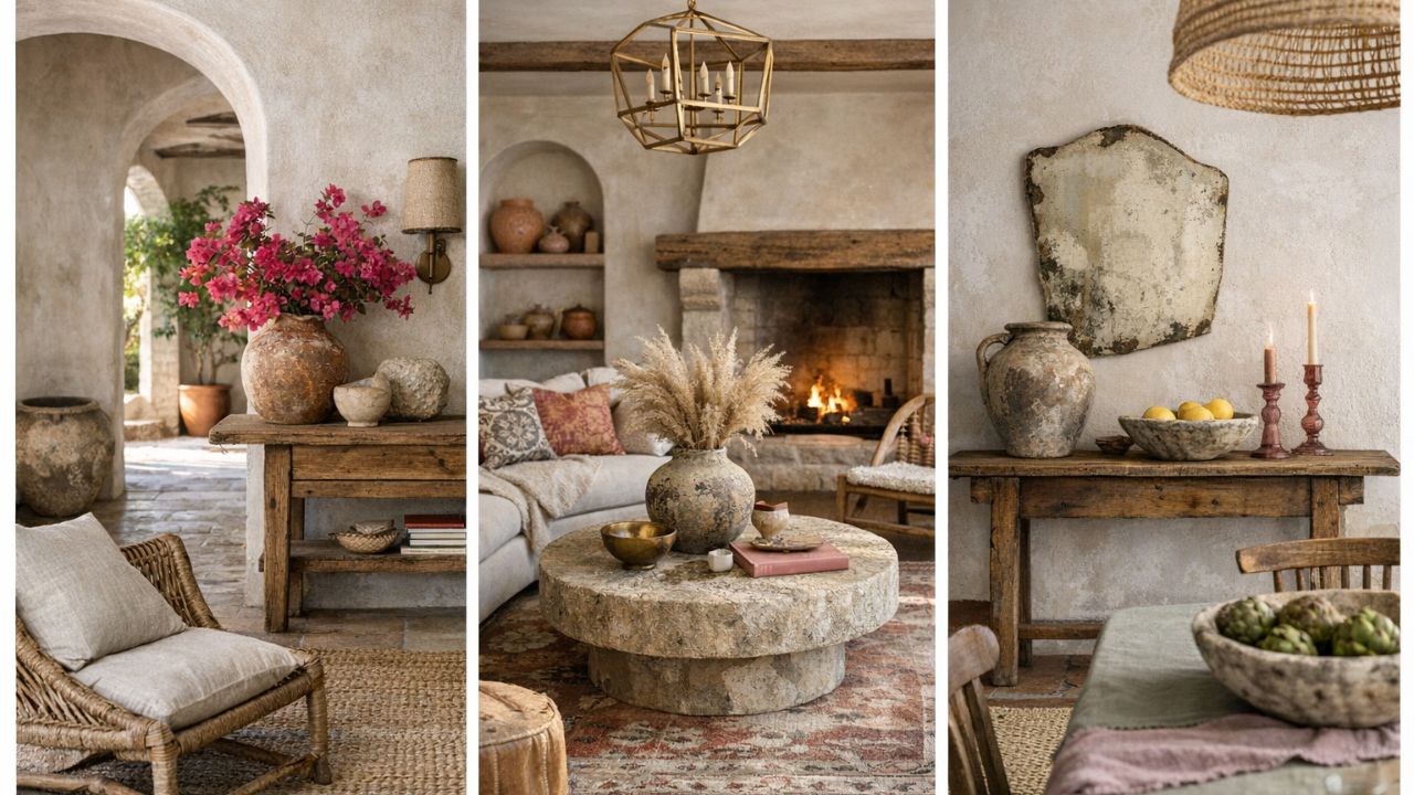 A cozy coastal home with boho decor featuring rustic wooden furniture, a stone coffee table, textured neutrals, a warm fireplace, and natural elements creating a relaxed, inviting space.