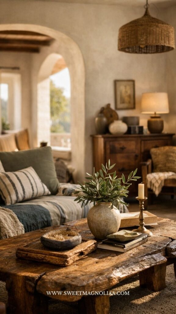 Boho decor in a coastal home featuring a rustic wood coffee table, soft linen sofa, and natural textures with warm earthy tones.