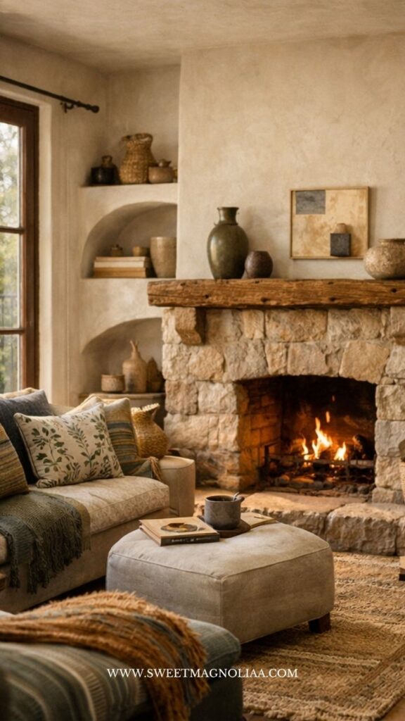 Boho decor in a coastal home with rustic stone fireplace, layered neutral textiles, and warm wood accents creating a cozy, inviting living space.