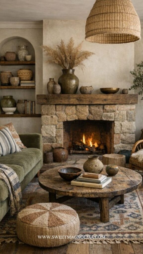 Boho decor in a coastal home with stone fireplace, rustic wood table, and woven textures creating a warm and inviting living room.