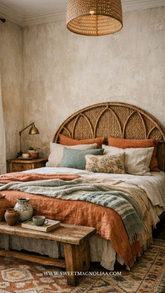 Boho decor in a coastal home bedroom with rattan headboard, layered bedding, and warm earthy tones creating a cozy, relaxed retreat.