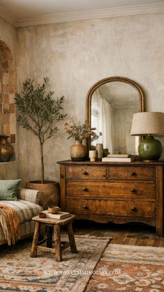 Boho decor in a coastal home with vintage wood dresser, neutral palette, and natural greenery adding warmth and organic texture.
