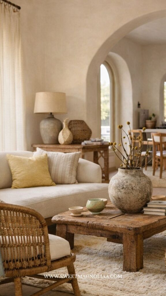 Boho decor in a coastal home with rustic wood furniture, soft beige tones, and natural styling elements creating a calm, relaxed atmosphere.