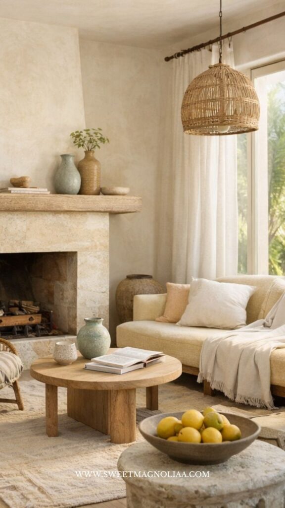 Boho decor in a coastal home with woven pendant lighting, light curtains, and soft neutral seating creating a bright, airy living room.