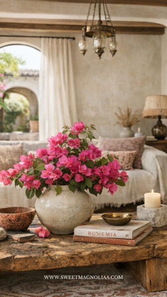 Boho decor in a coastal home with soft neutral tones, textured fabrics, and fresh floral styling adding a relaxed, airy charm.