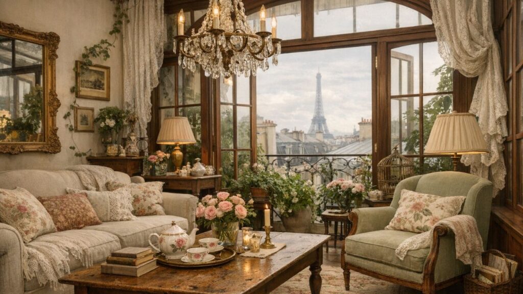 Cozy cottage style Parisian living room with floral sofa, vintage wood table, soft lighting, chandelier, and Eiffel Tower view through large windows