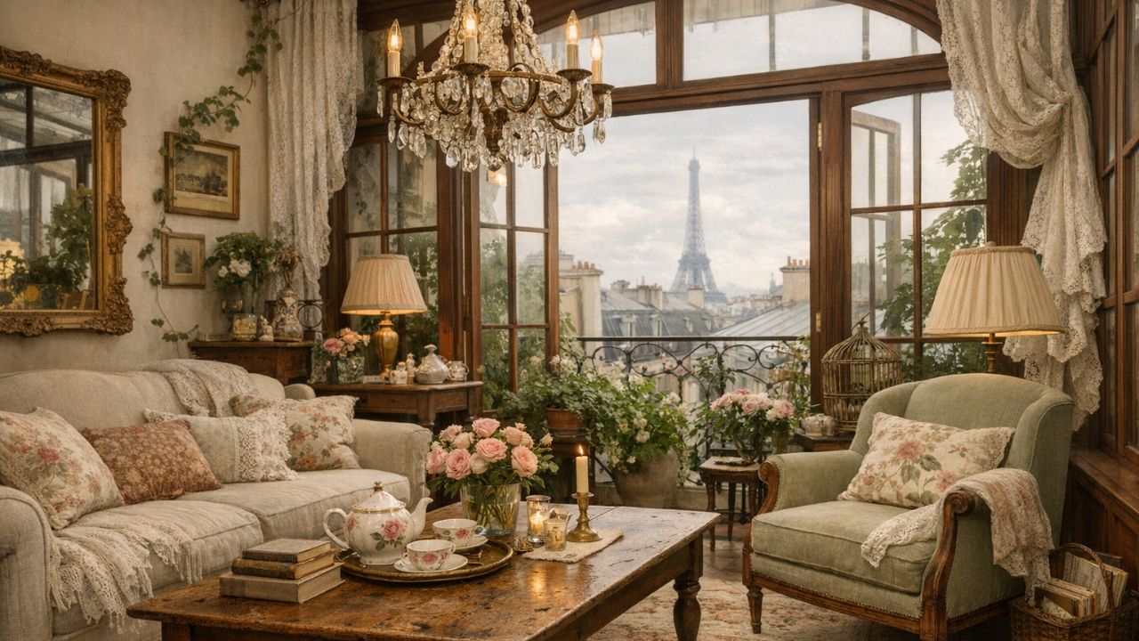 Cozy cottage style Parisian living room with floral sofa, vintage wood table, soft lighting, chandelier, and Eiffel Tower view through large windows