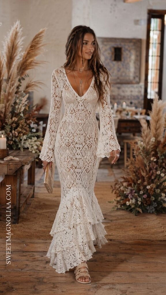 Boho crochet mermaid wedding dress with long sleeves and fitted silhouette, styled for a relaxed and romantic outdoor wedding.