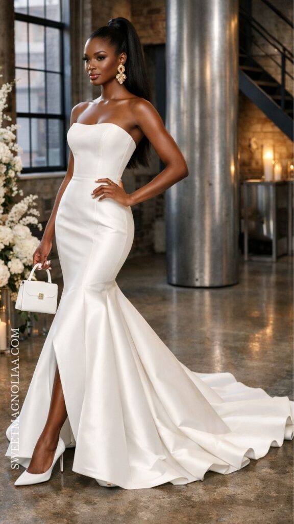 Strapless structured mermaid wedding dress with fitted silhouette and clean lines, styled for a modern and elegant wedding.