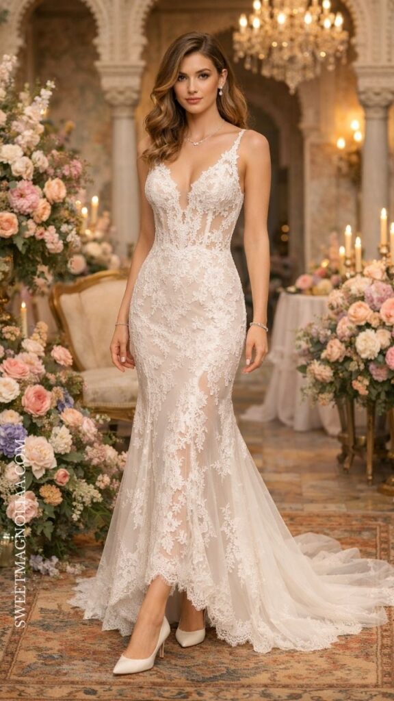 Floral lace mermaid wedding dress with fitted silhouette and deep neckline, styled for a romantic garden wedding look.