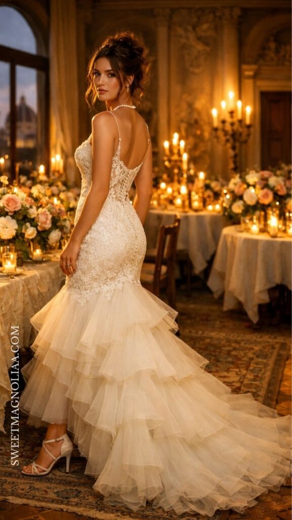Lace backless mermaid wedding dress with fitted silhouette and layered tulle hem, styled for a romantic evening wedding setting.