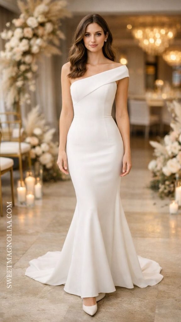 One-shoulder minimal bridal gown with fitted silhouette and clean lines, styled for a modern and elegant wedding look.