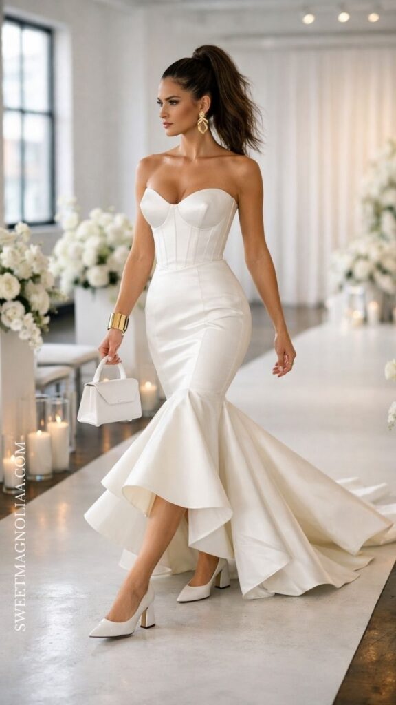 One-shoulder bridal gown with fitted silhouette and clean modern lines, styled for a chic and contemporary wedding look.