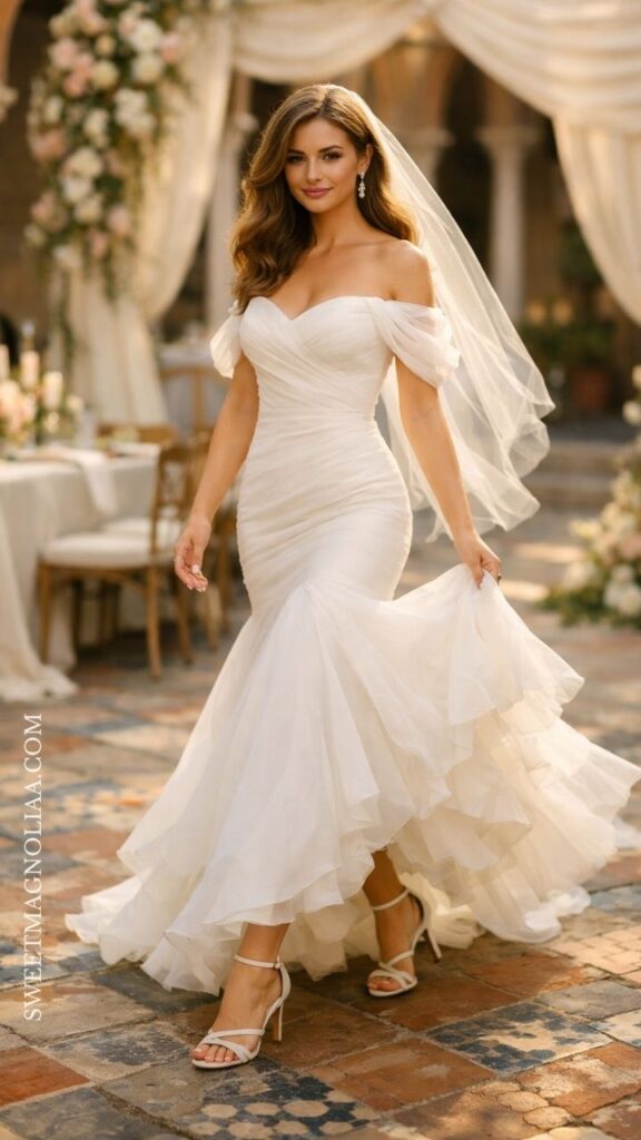 Off-shoulder bridal dress with tulle layers and fitted silhouette, styled for a soft and romantic wedding look.