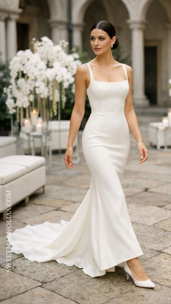 Square neck fitted bridal gown with clean lines and minimal design, styled for a modern and elegant wedding look.