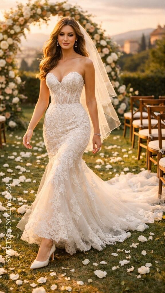 Strapless lace mermaid wedding dress with fitted silhouette, styled for a romantic outdoor garden bridal look.